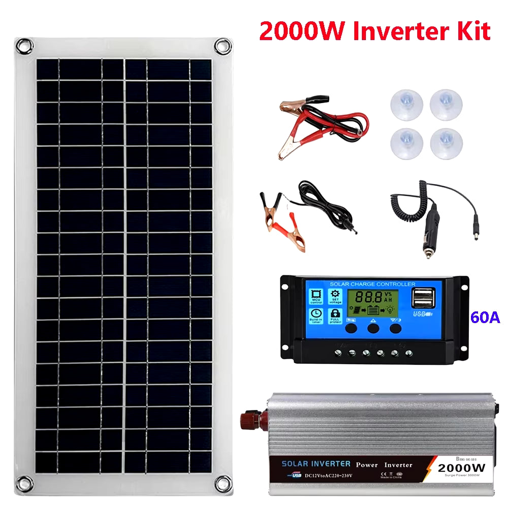 2000W Solar Power System Solar Panel Kit 12V Solar Battery 10A-60A Controller Solar Panel Home Mobile RV Car Caravan Home Campin