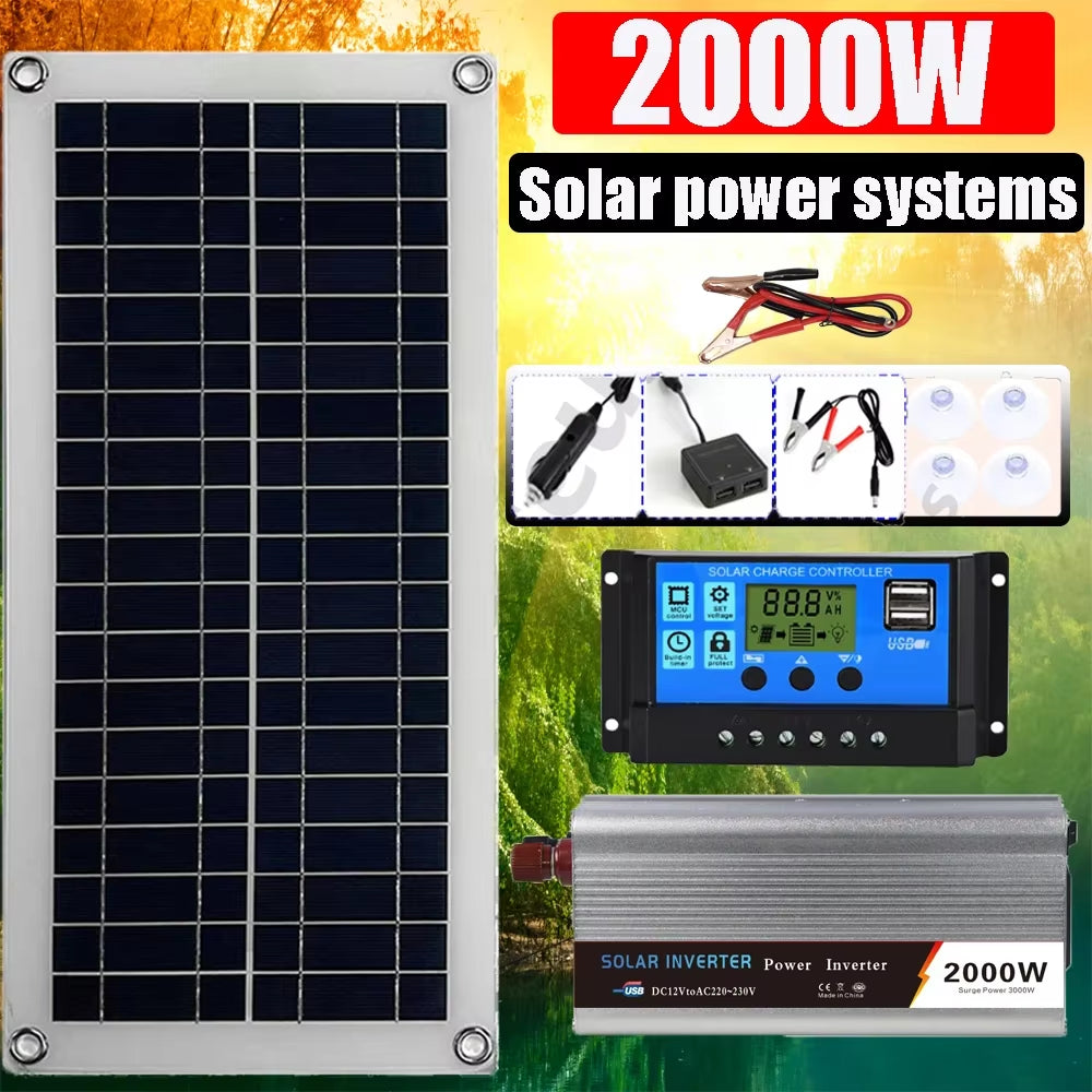 2000W Solar Power System Solar Panel Kit 12V Solar Battery 10A-60A Controller Solar Panel Home Mobile RV Car Caravan Home Campin